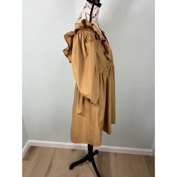 NWT En Saison mocha brown Puff Sleeve V-neck ruffle Mini Dress with Pockets - Picture 5 of 11